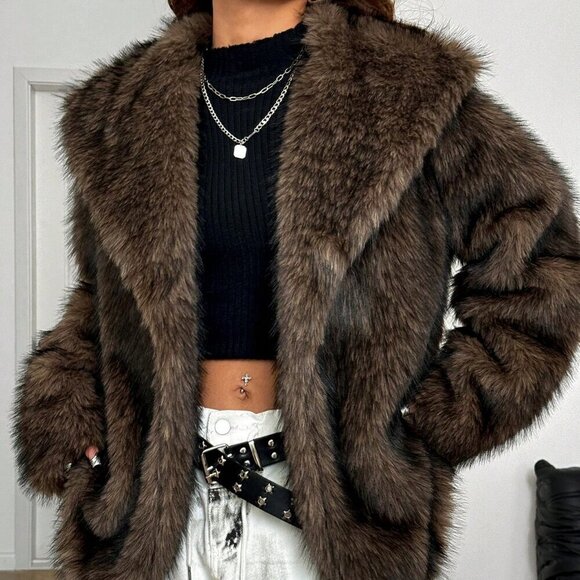Brown Casual Women's Solid Color Long-Sleeved Open-Front Loose Faux Fur Coat - Picture 1 of 6